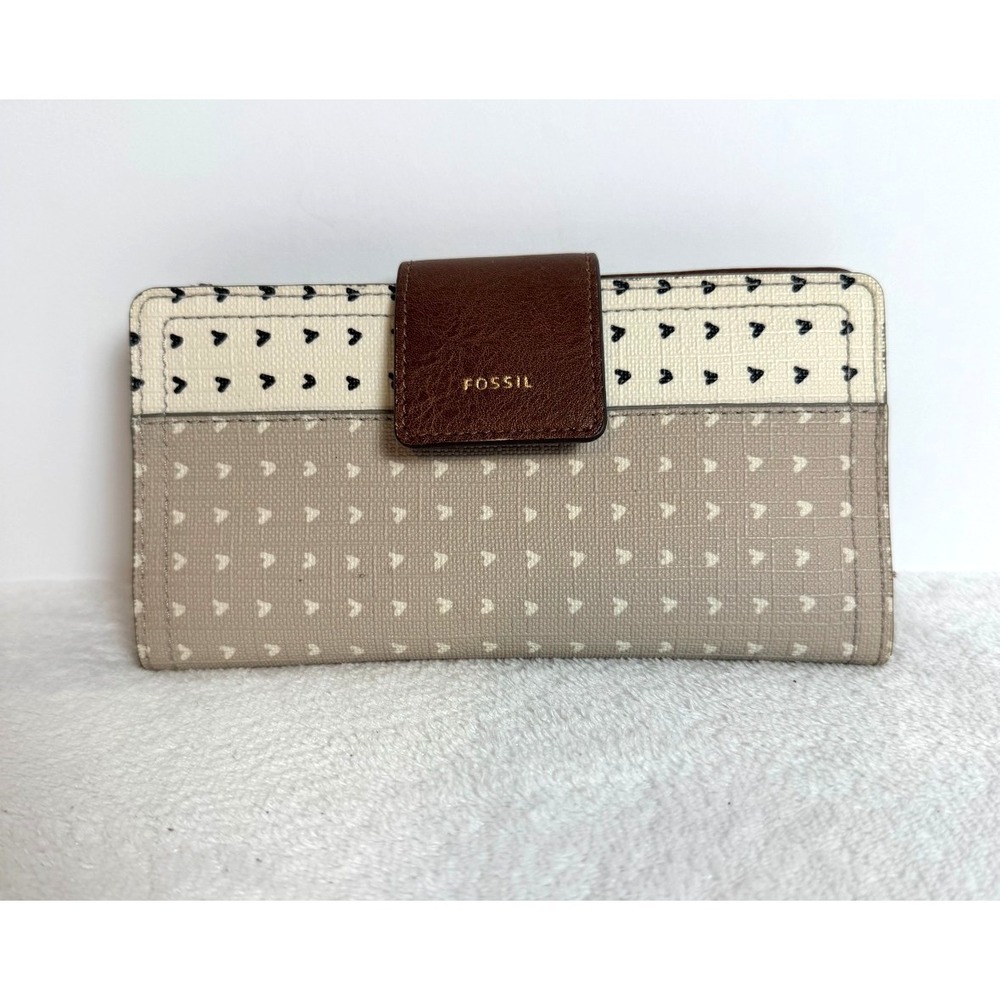 Fossil Heart Print Leather Checkbook Wallet Bifold Beige Brown Organizer